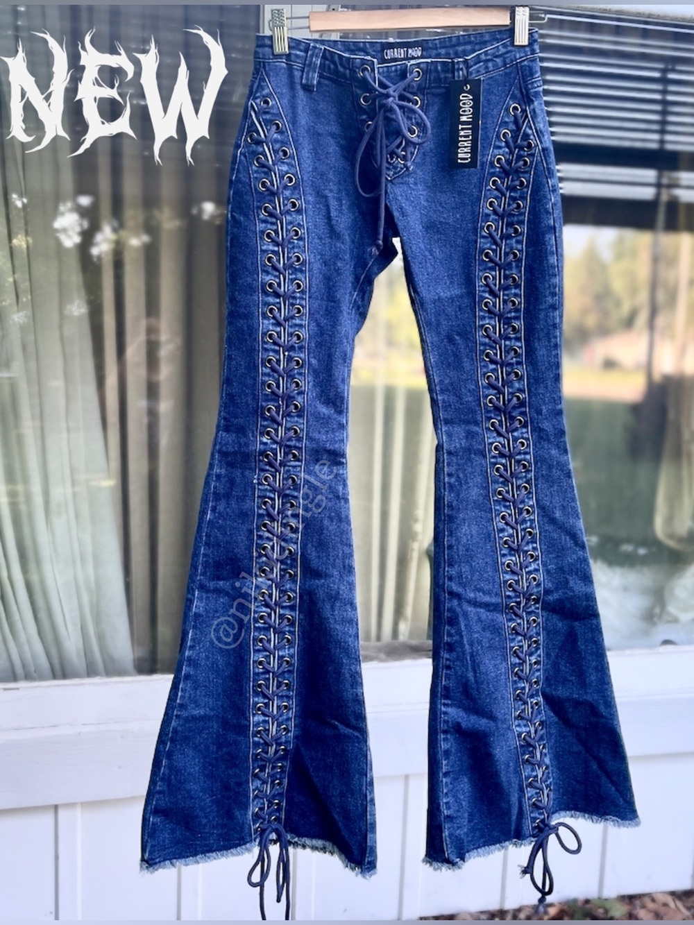 NEW Dolls Kill Current Mood Wild Wanderer Lace-Flare Denim Jeans Grommet Rock S